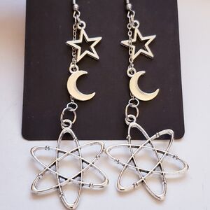 Handmade Silver Metal Atom Planet Star Moon Celestial Dangle Earrings